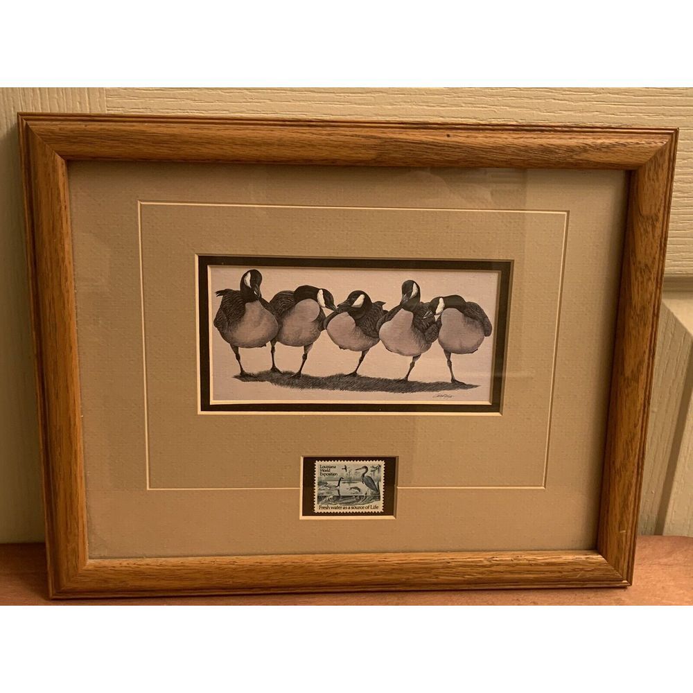 Art LaMay Geese Print 13x9 Framed And Matted Print With Stamp.